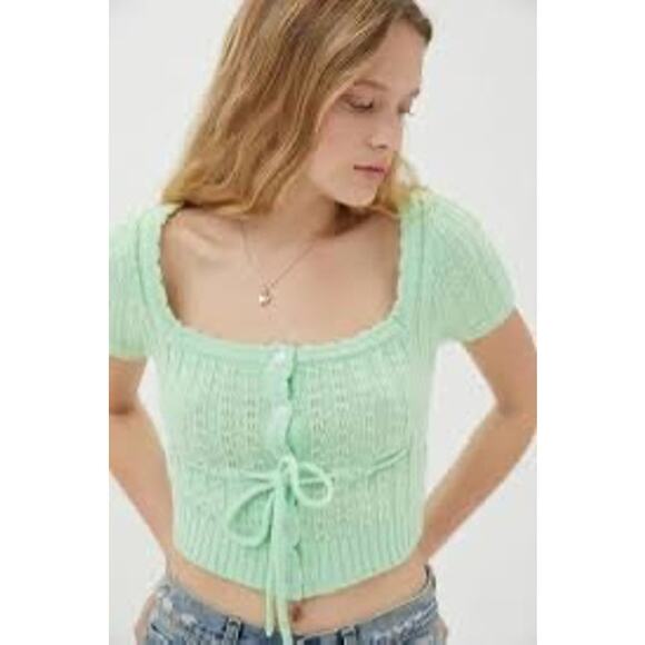 Urban Outfitters Mint Green Knit Cardigan Crop Top Tie Waist Women’s Small NWT - Picture 1 of 7